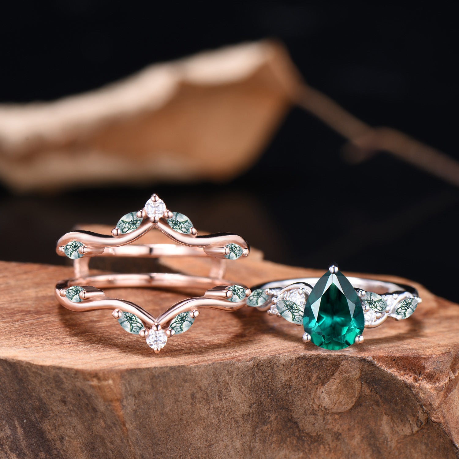 Pear Shaped Emerald Wedding Ring Set Rose Gold Cluster Enhancer Moss Agate Bridal Set