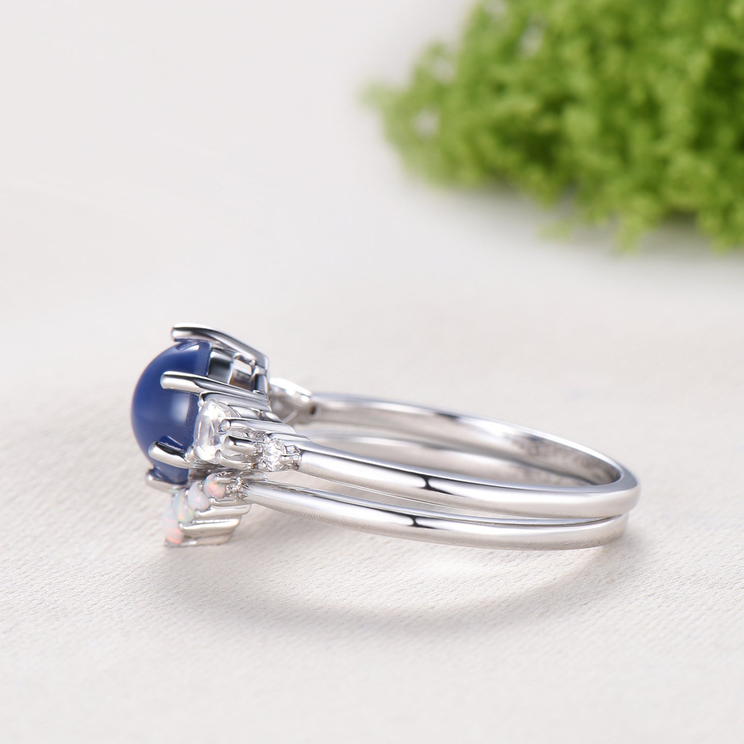 Vintage Star Sapphire Engagement Ring Set, Pear Moonstone & Opal