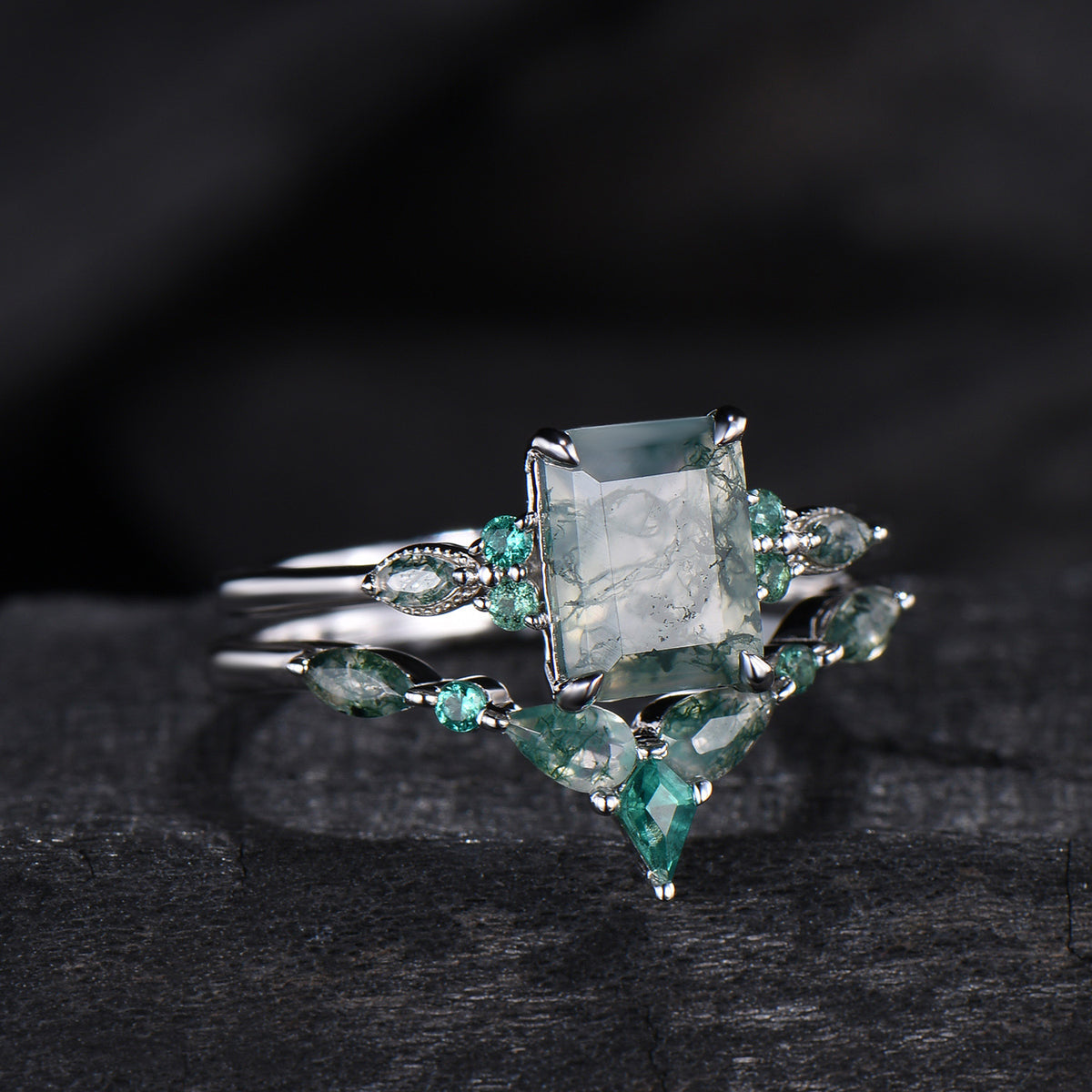 Unique Emerald Cut Natural Moss Agate Engagement Ring Set Seven Stone Green Gemstone Wedding Ring Set 14K Rose Gold Emerald Bridal Set Women - PENFINE