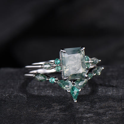 Unique Emerald Cut Natural Moss Agate Engagement Ring Set Seven Stone Green Gemstone Wedding Ring Set 14K Rose Gold Emerald Bridal Set Women - PENFINE