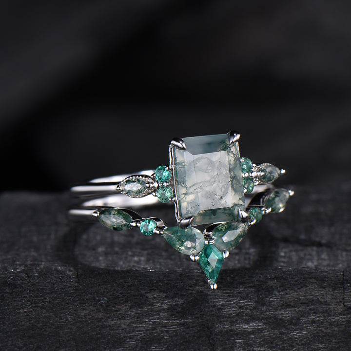 Unique Emerald Cut Natural Moss Agate Engagement Ring Set Seven Stone Green Gemstone Wedding Ring Set 14K Rose Gold Emerald Bridal Set Women - PENFINE