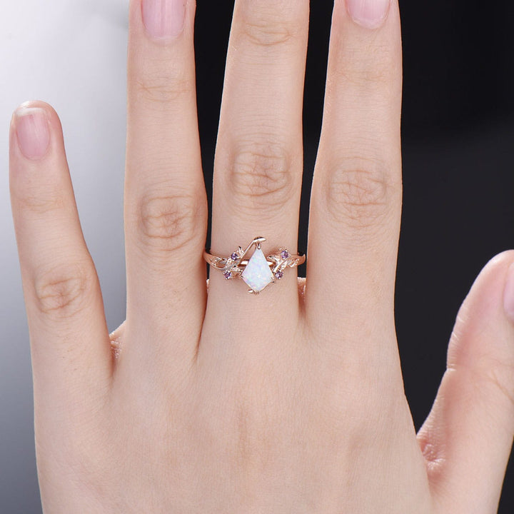 Vintage kite cut opal amethyst engagement ring natural inspired fire opal engagement ring rose gold art deco leaves branch wedding ring - PENFINE