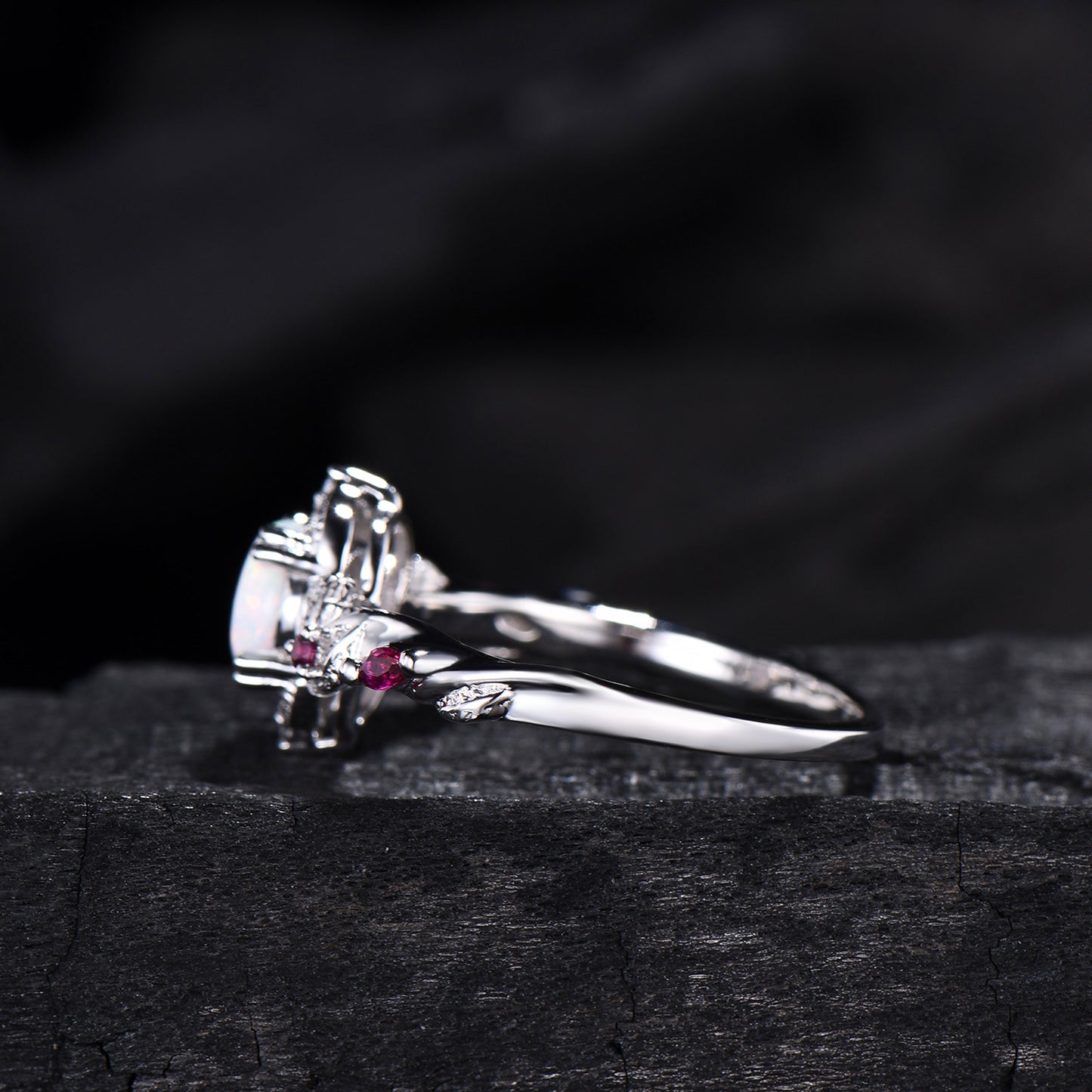 Vintage White Opal Ring | Gothic Celestial Crescent Moon & Ruby Accent Design