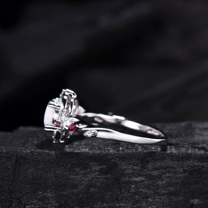 Vintage White Opal Ring | Gothic Celestial Crescent Moon & Ruby Accent Design