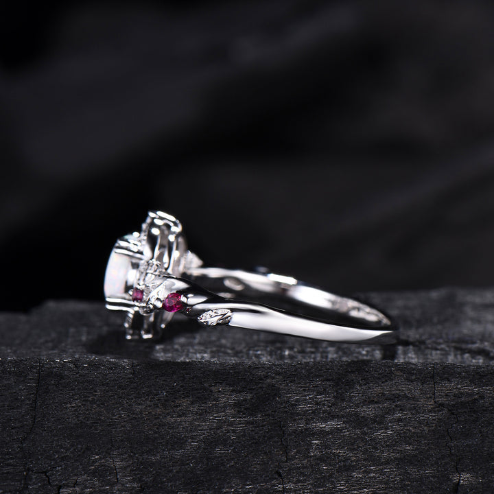 Vintage White Opal Ring | Gothic Celestial Crescent Moon & Ruby Accent Design