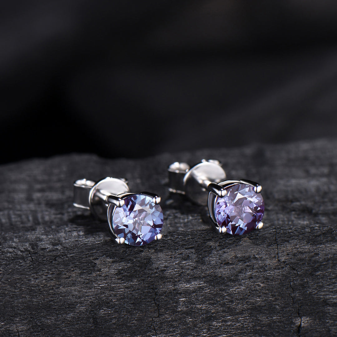 Solitaire Round Cut Alexandrite Stud Earrings Round Prongs