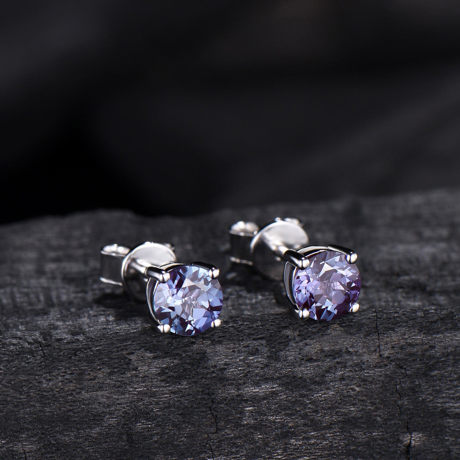 Solitaire Round Cut Alexandrite Stud Earrings Round Prongs