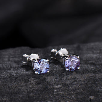 Solitaire Round Cut Alexandrite Stud Earrings Round Prongs