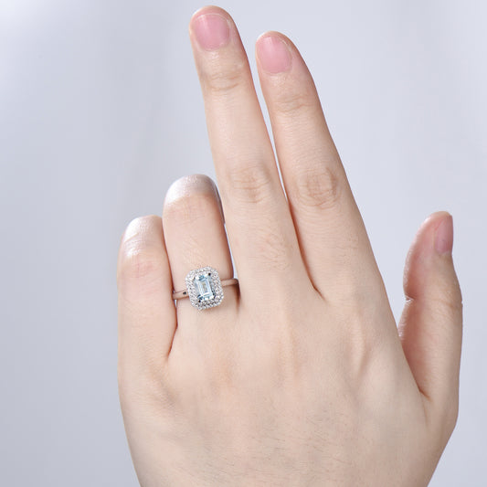 Double Halo Diamond Emerald Cut Aquamarine Bridal Ring Set, Plain Gold Wedding Band