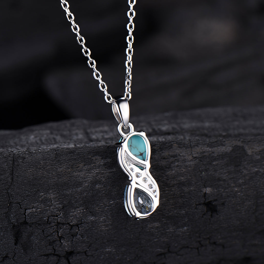 Aquamarine Turquoise Toi et Moi Necklace, Double Pear Cut, Handmade Gold Pendant - PENFINE