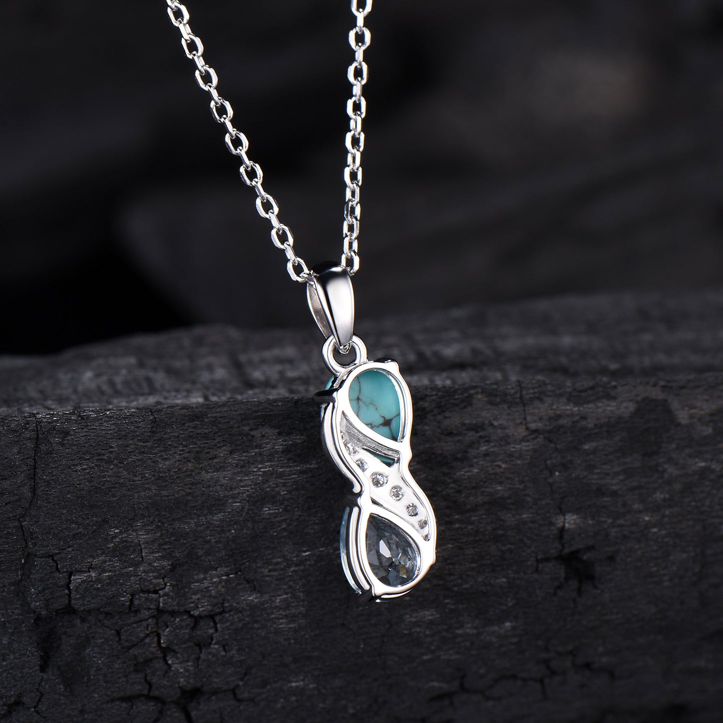 Aquamarine Turquoise Toi et Moi Necklace, Double Pear Cut, Handmade Gold Pendant - PENFINE