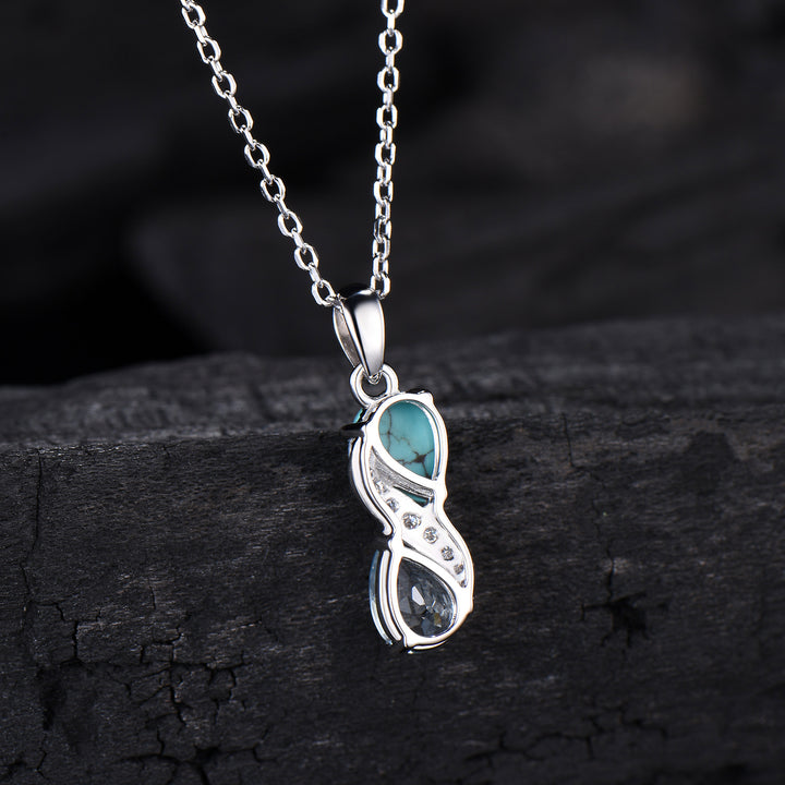 Aquamarine Turquoise Toi et Moi Necklace, Double Pear Cut, Handmade Gold Pendant - PENFINE