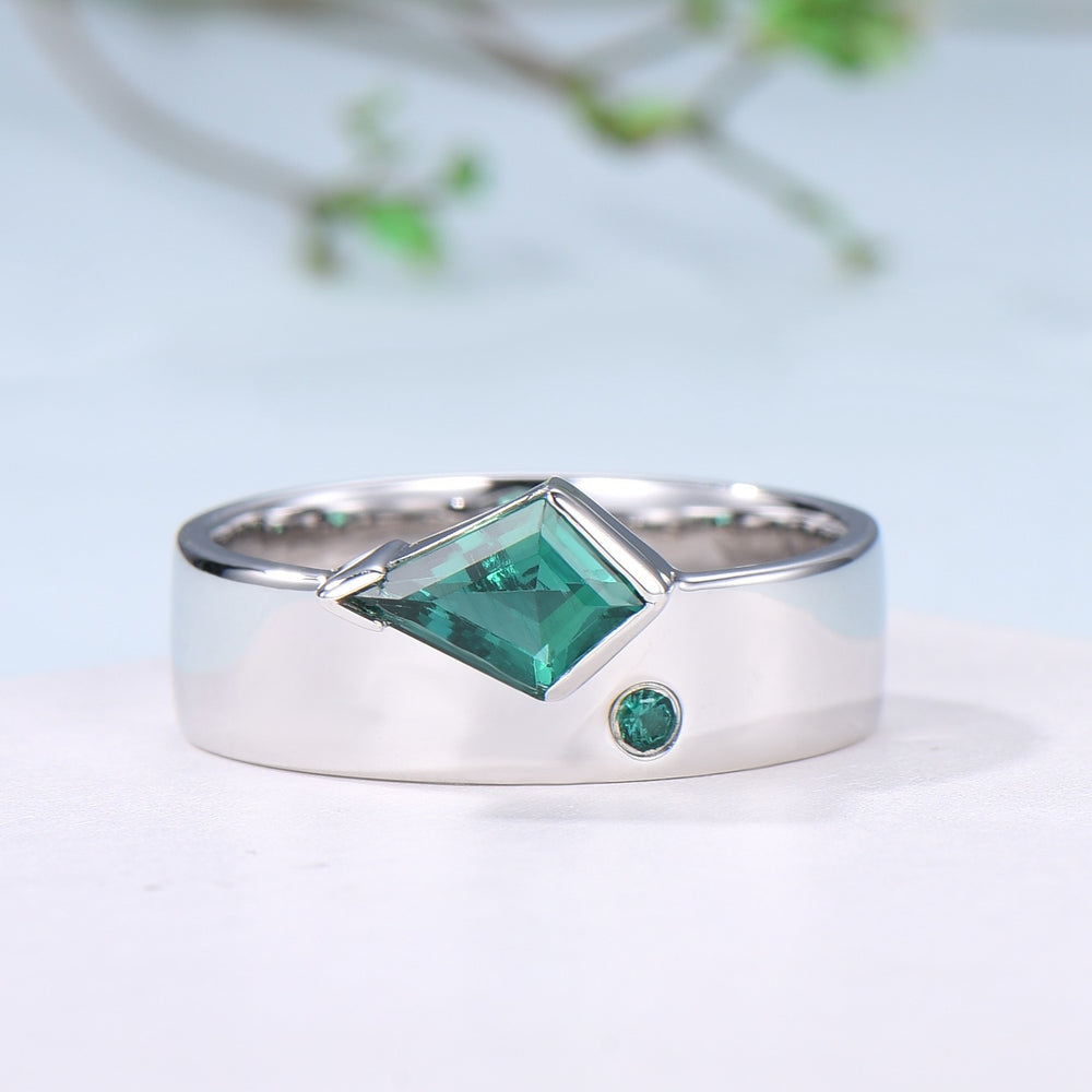One Of a Kind Emerald Wedding Band For Men Unique Kite Cut Emerald Men's Wedding Ring 6mm Stacking Anniversary Matching Band Christmas Gift - PENFINE