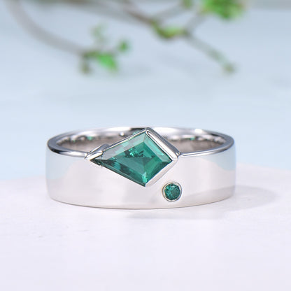 One Of a Kind Emerald Wedding Band For Men Unique Kite Cut Emerald Men's Wedding Ring 6mm Stacking Anniversary Matching Band Christmas Gift - PENFINE