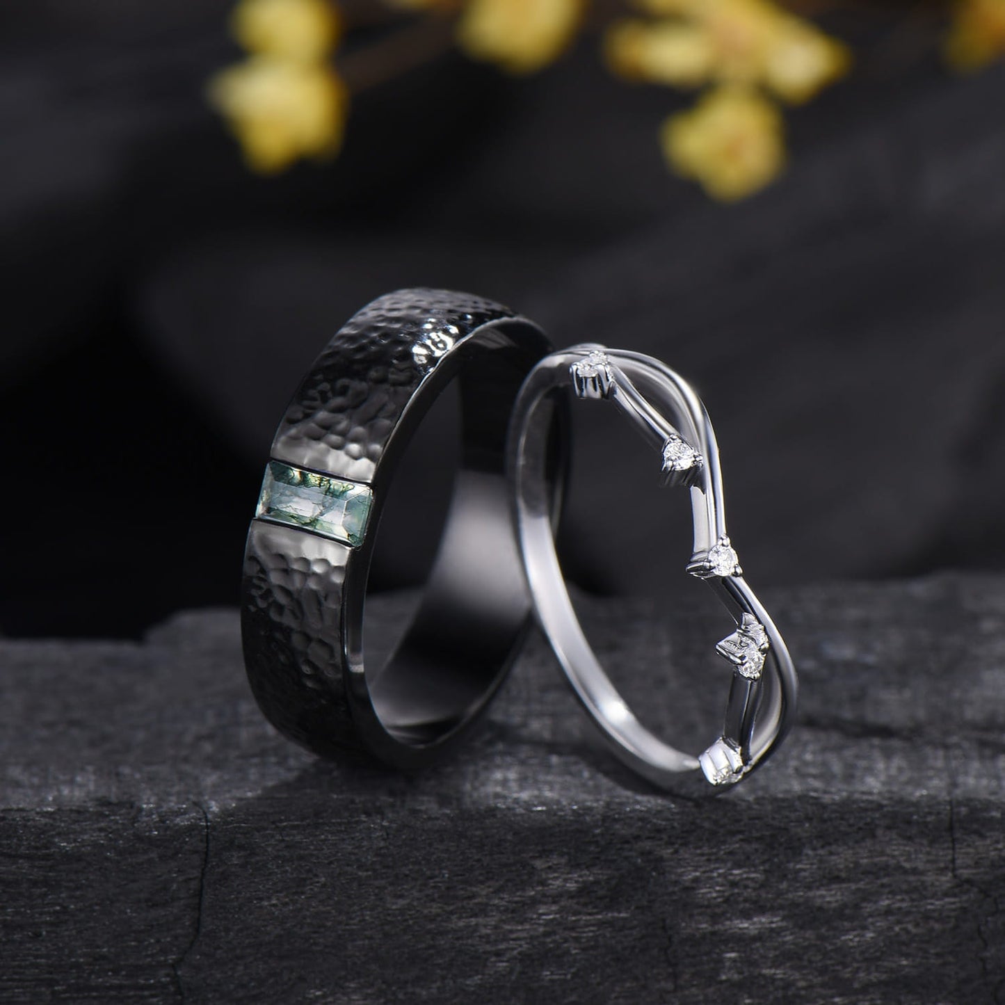 Couples Ring Set 5mm Moss Agate Hammer Men's Wedding Ring Moissanite Curved Band