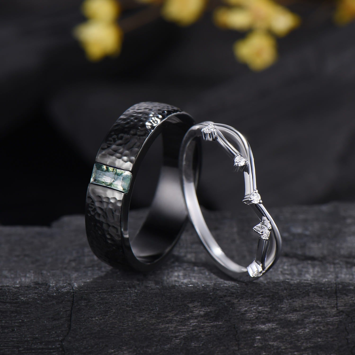 Couples Ring Set 5mm Moss Agate Hammer Men's Wedding Ring Moissanite Curved Band