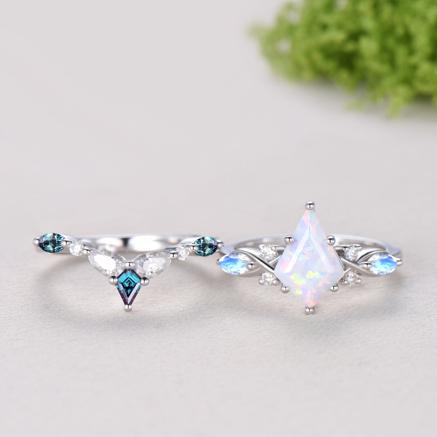 Vintage opal ring set 7x10mm kite white opal engagement ring marquise Moonstone wedding ring set unique alexandrite moissanite bridal set