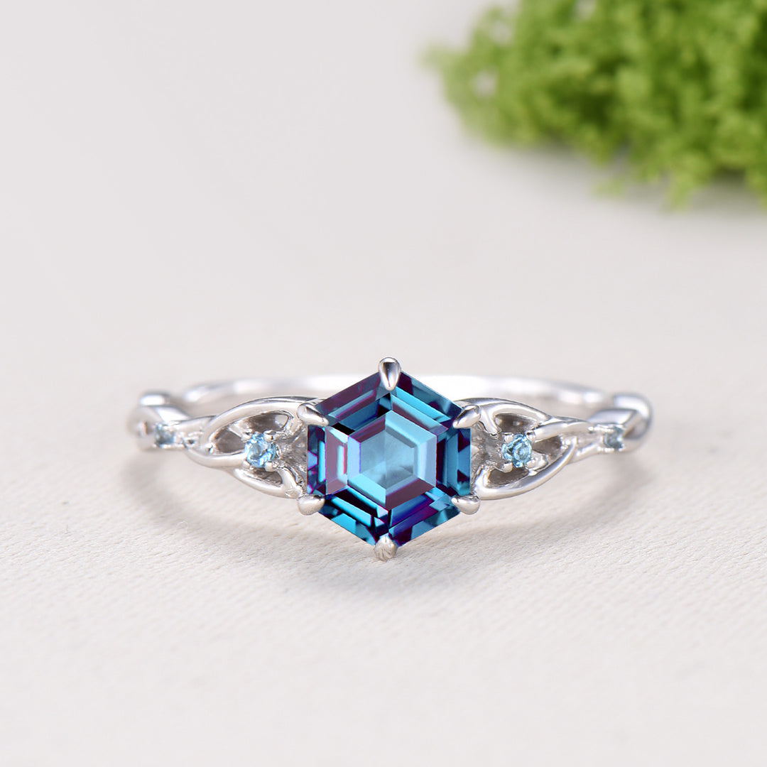 Norse Viking Hexagon Cut Alexandrite Engagement Ring Set Celtic Love Knot Swiss Topaz Band Unique Wedding Ring Set Promise Gifts Women