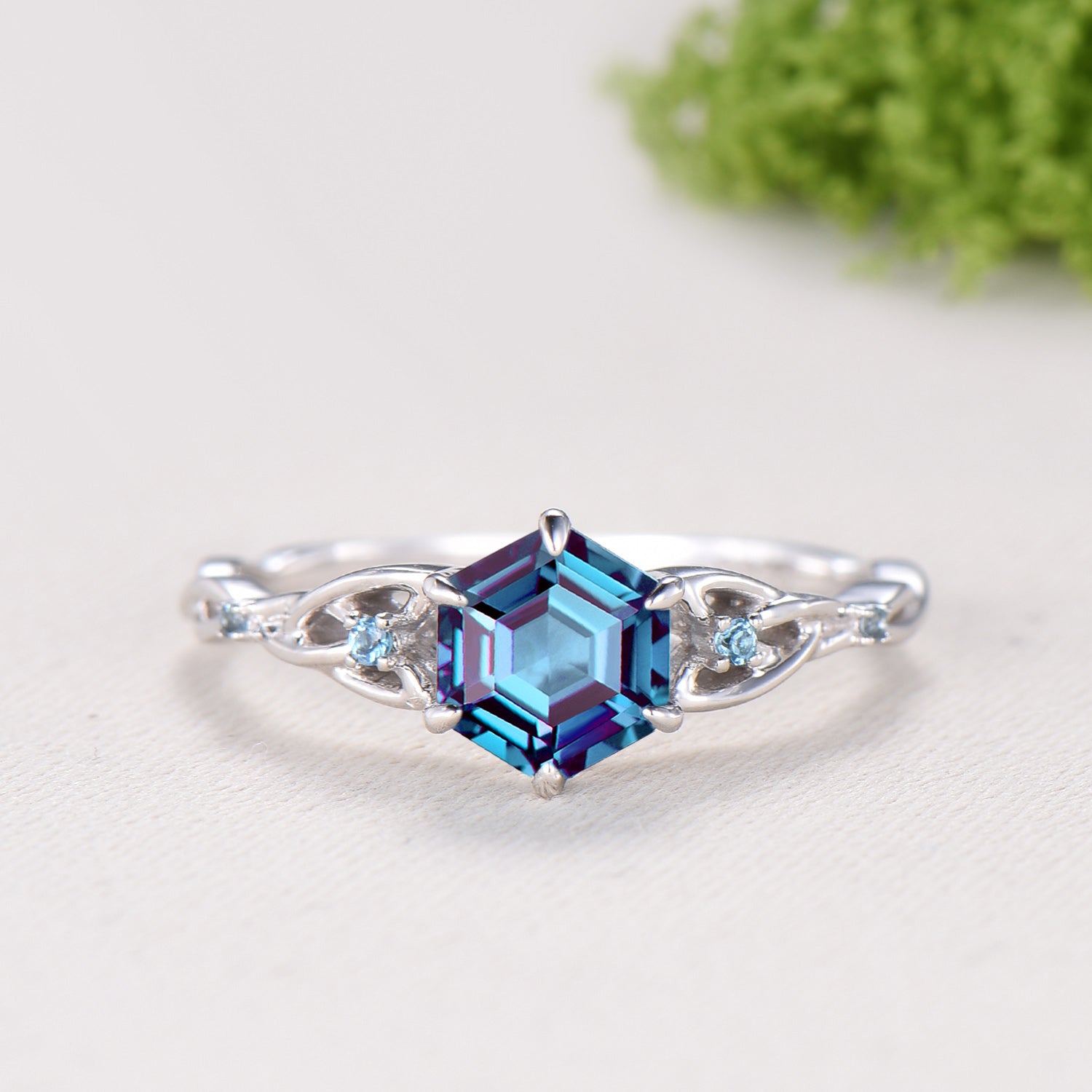Norse Viking Hexagon Cut Alexandrite Engagement Ring Set Celtic Love Knot Swiss Topaz Band Unique Wedding Ring Set Promise Gifts Women