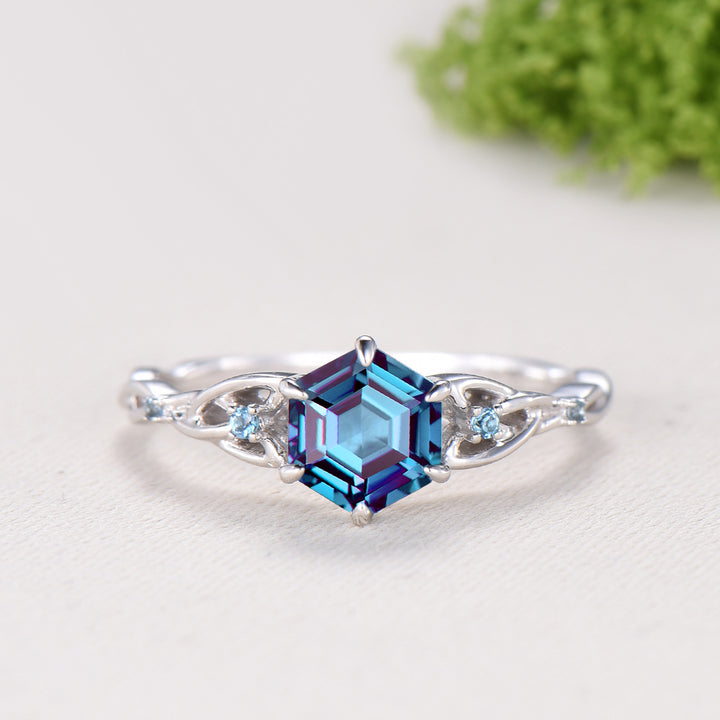 Norse Viking Hexagon Cut Alexandrite Engagement Ring Set Celtic Love Knot Swiss Topaz Band Unique Wedding Ring Set Promise Gifts Women