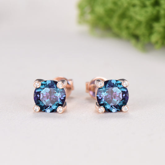 Minimalist Alexandrite Stud Earrings | Round Cut Color Change Stone, June Birthstone - PENFINE