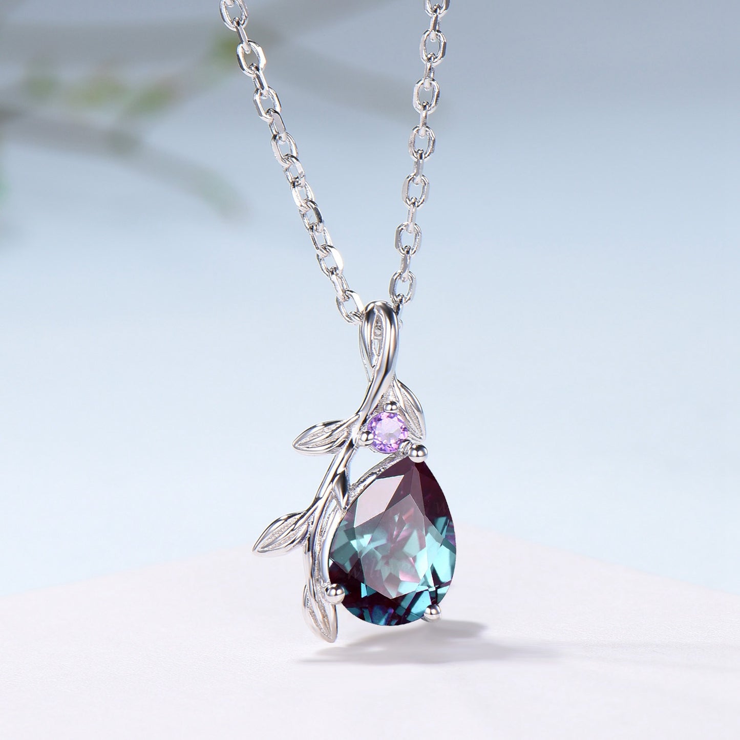 Fairy Core Aesthetic Alexandrite Necklace Color Changing Gemstone Pendant with Amethyst Accent - PENFINE