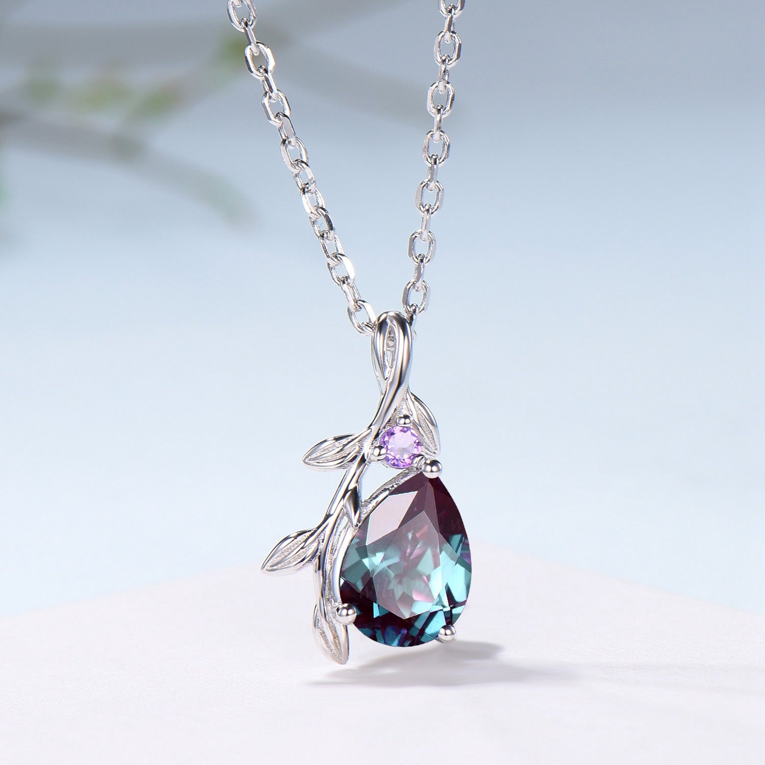 Fairy Core Aesthetic Alexandrite Necklace Color Changing Gemstone Pendant with Amethyst Accent - PENFINE