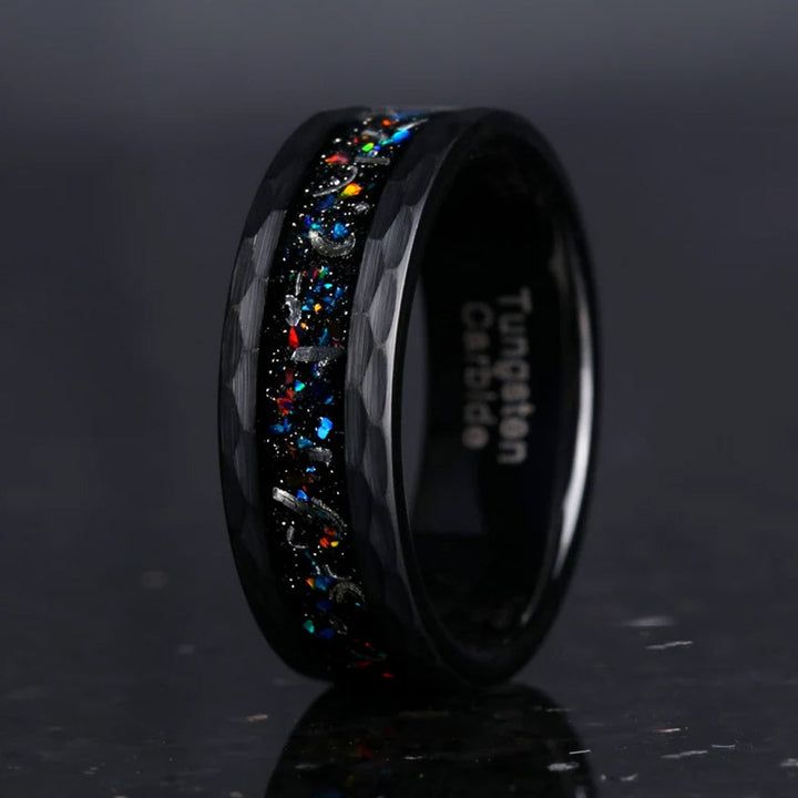 8mm tungsten gold men's wedding band steel hammered black ring inlaid with colored opal - PENFINE