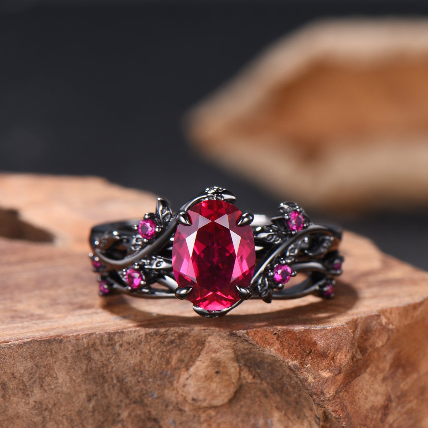 Nature Inspired Leaf ruby ring set black gold branch twig lab ruby engagement ring women unique July birthstone wedding ring set for women