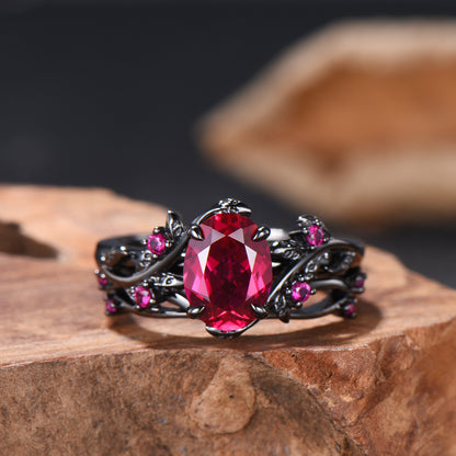 Nature Inspired Leaf ruby ring set black gold branch twig lab ruby engagement ring women unique July birthstone wedding ring set for women