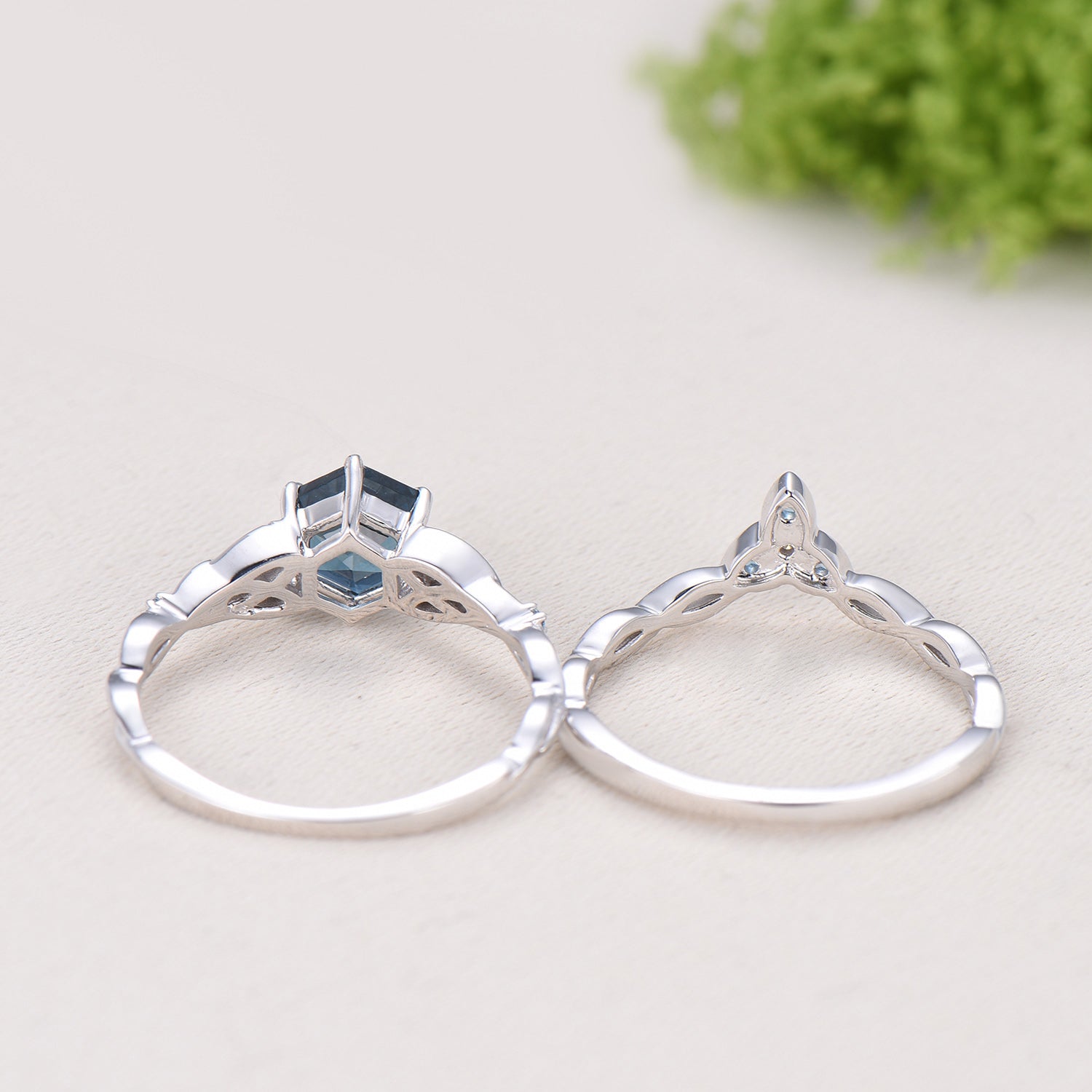 Norse Viking Hexagon Cut Alexandrite Engagement Ring Set Celtic Love Knot Swiss Topaz Band Unique Wedding Ring Set Promise Gifts Women