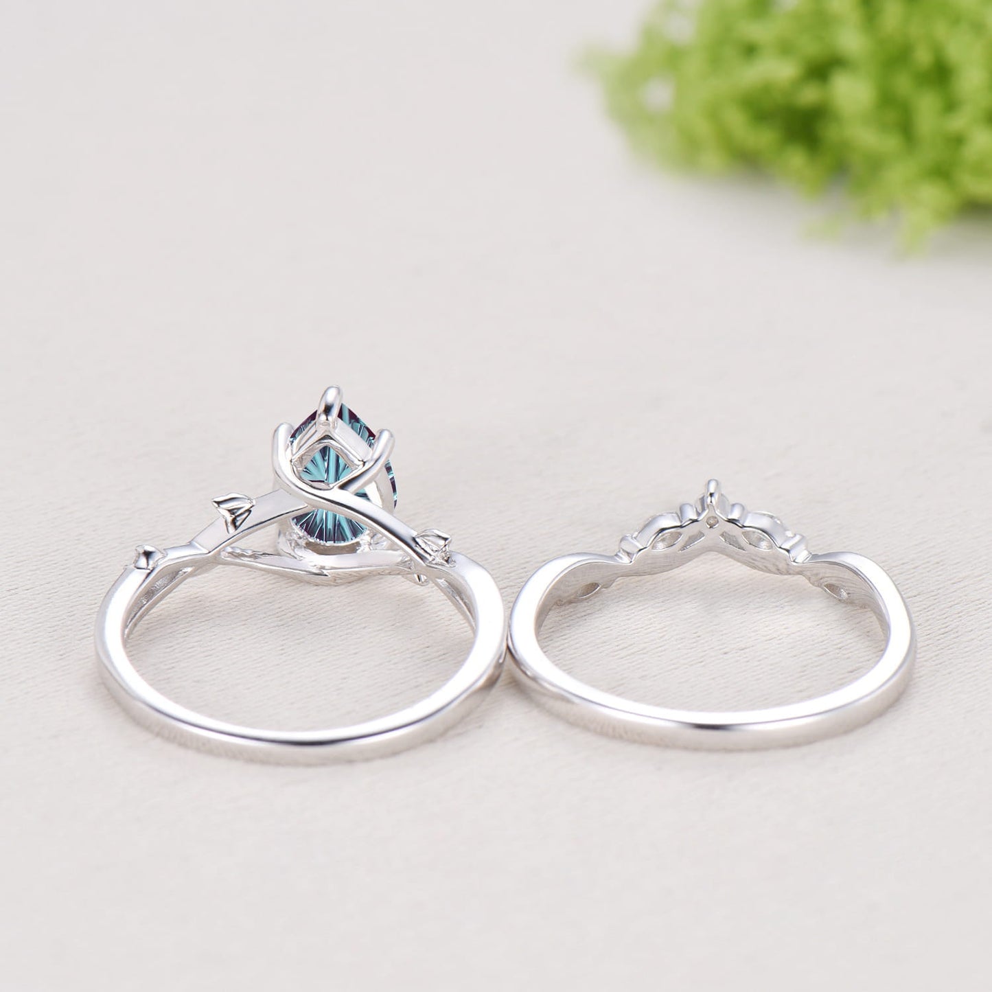 Pear Cut Starburst Alexandrite Engagement Ring Set | Twig Vine Color Change Stone Wedding Set