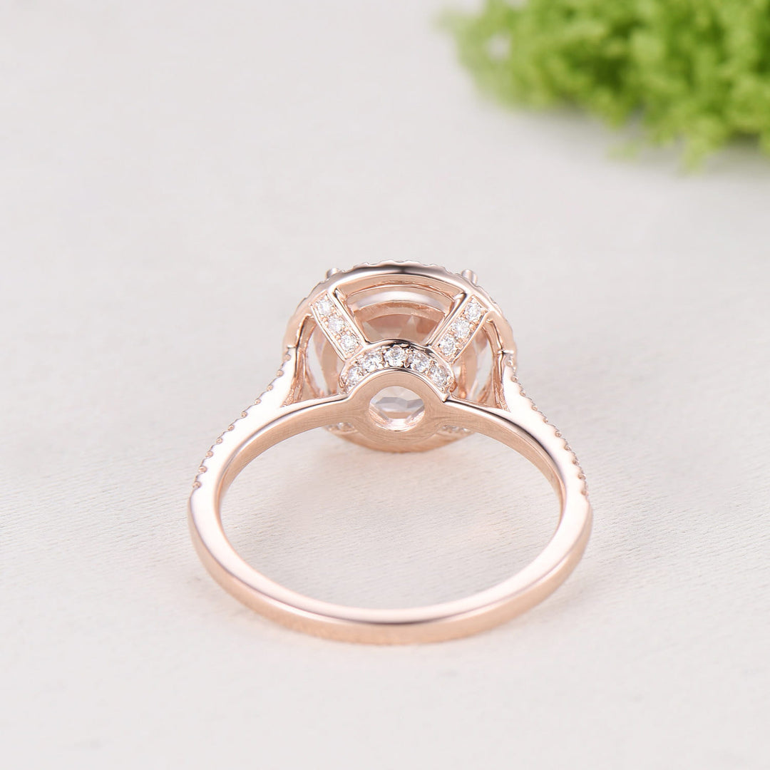 Retro Round Cut Morganite Engagement Ring Rose Gold, Hidden Diamond Halo Basket Setting