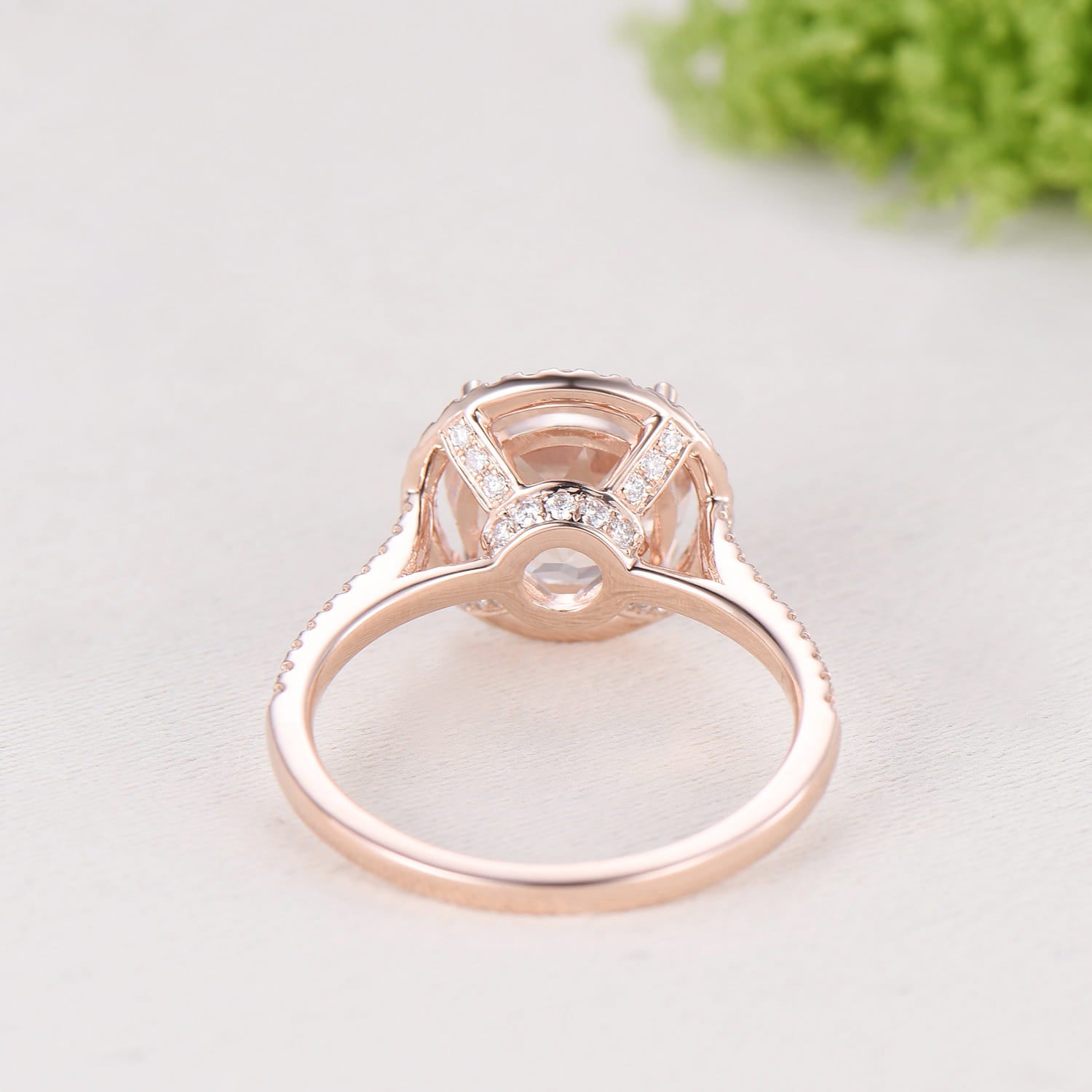 Retro Round Cut Morganite Engagement Ring Rose Gold, Hidden Diamond Halo Basket Setting