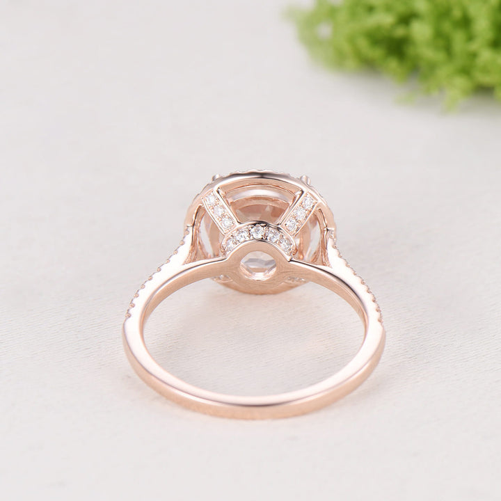 Retro Round Cut Morganite Engagement Ring Rose Gold, Hidden Diamond Halo Basket Setting
