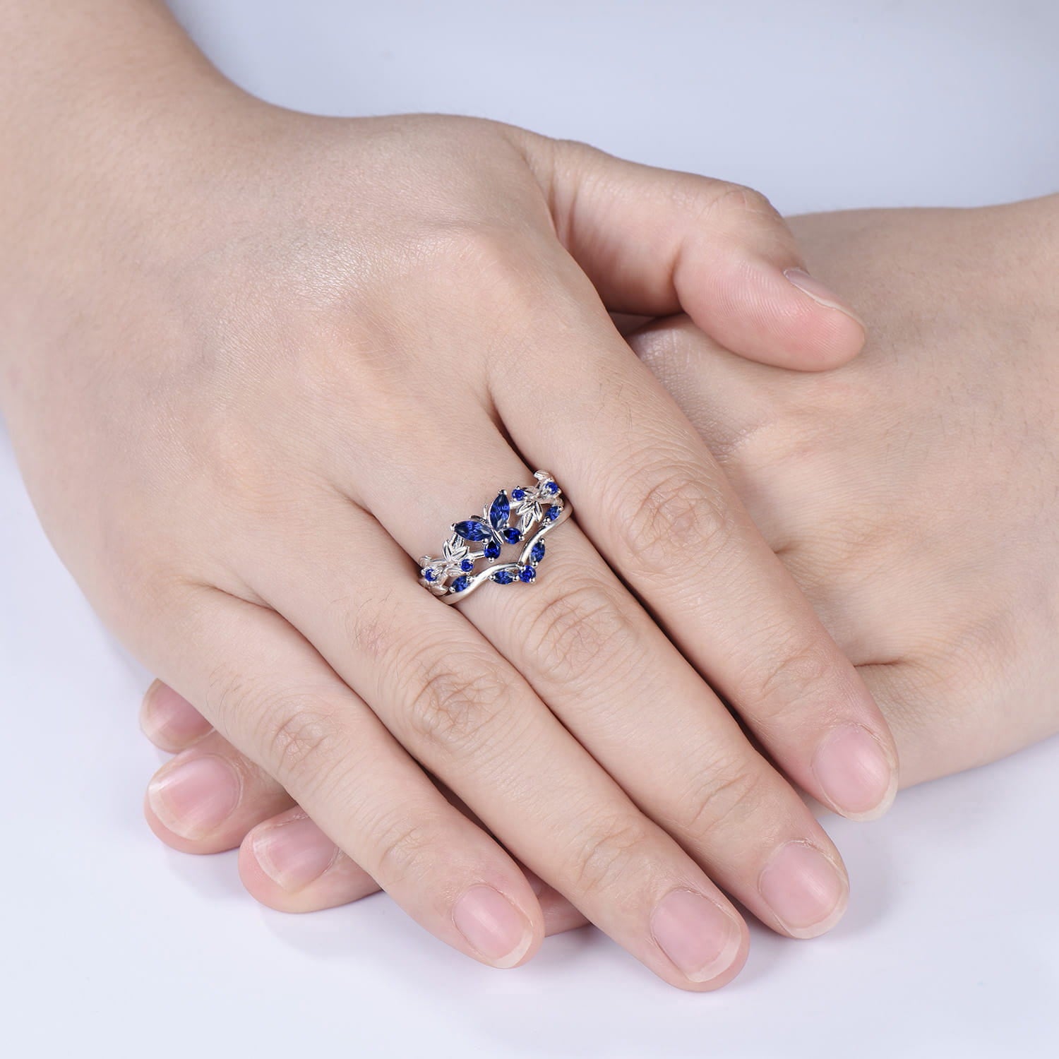 Blue Sapphire Butterfly Bridal Ring Set Leaf Twisted White Gold Engagement Ring