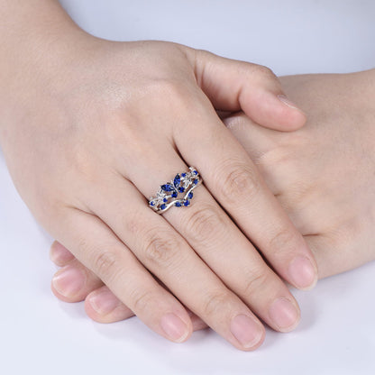 Blue Sapphire Butterfly Bridal Ring Set Leaf Twisted White Gold Engagement Ring