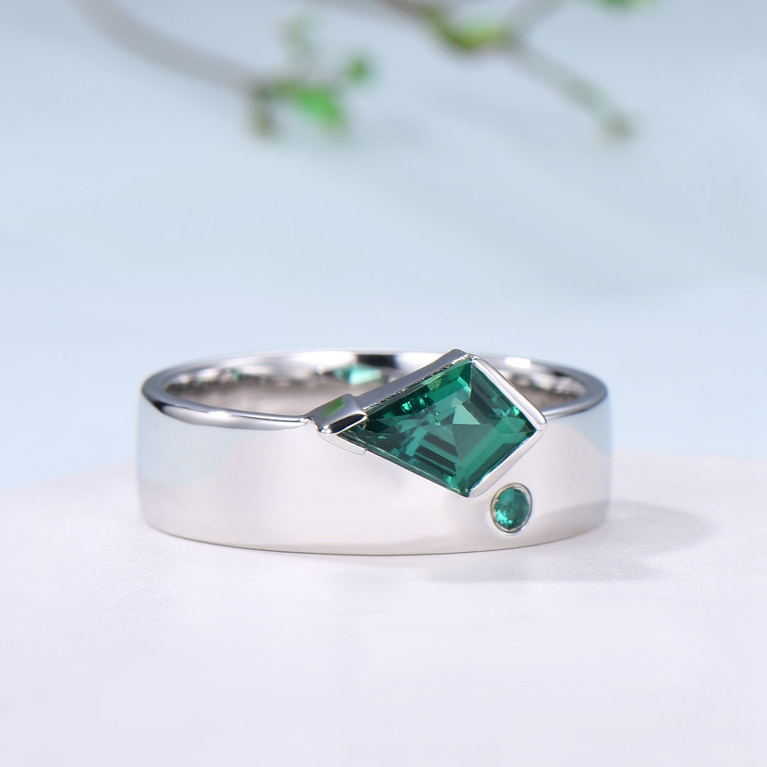 One Of a Kind Emerald Wedding Band For Men Unique Kite Cut Emerald Men's Wedding Ring 6mm Stacking Anniversary Matching Band Christmas Gift - PENFINE