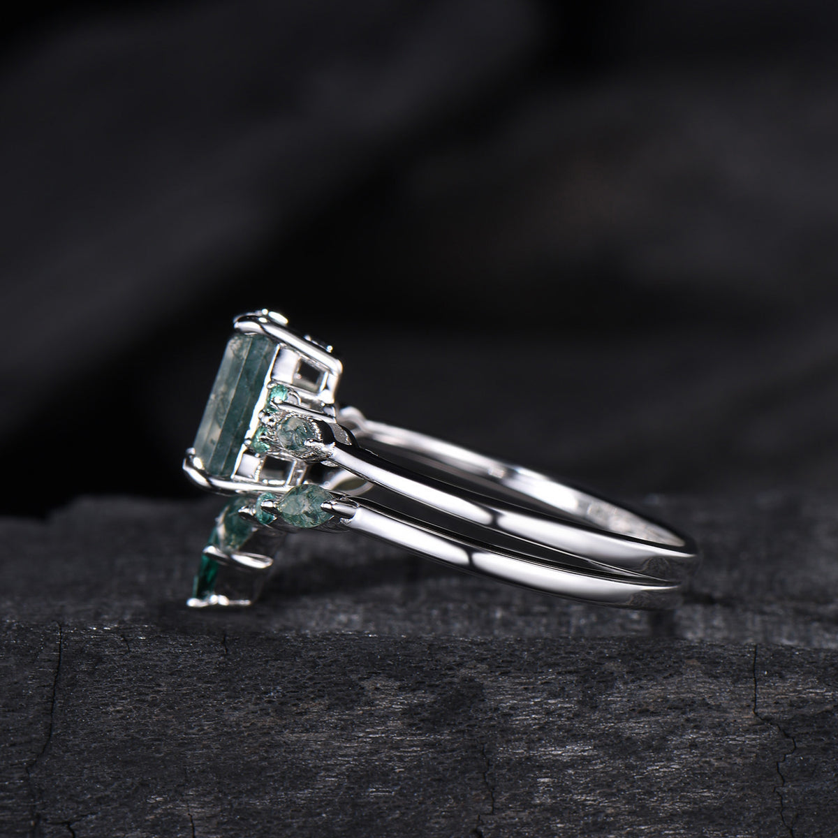 Unique Emerald Cut Natural Moss Agate Engagement Ring Set Seven Stone Green Gemstone Wedding Ring Set 14K Rose Gold Emerald Bridal Set Women - PENFINE