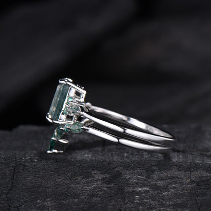 Unique Emerald Cut Natural Moss Agate Engagement Ring Set Seven Stone Green Gemstone Wedding Ring Set 14K Rose Gold Emerald Bridal Set Women - PENFINE