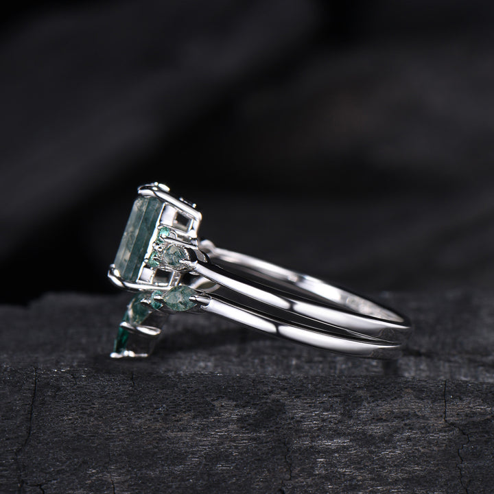 Unique Emerald Cut Natural Moss Agate Engagement Ring Set Seven Stone Green Gemstone Wedding Ring Set 14K Rose Gold Emerald Bridal Set Women - PENFINE
