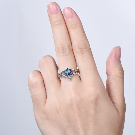 Norse Viking Hexagon Cut Alexandrite Engagement Ring Set Celtic Love Knot Swiss Topaz Band Unique Wedding Ring Set Promise Gifts Women