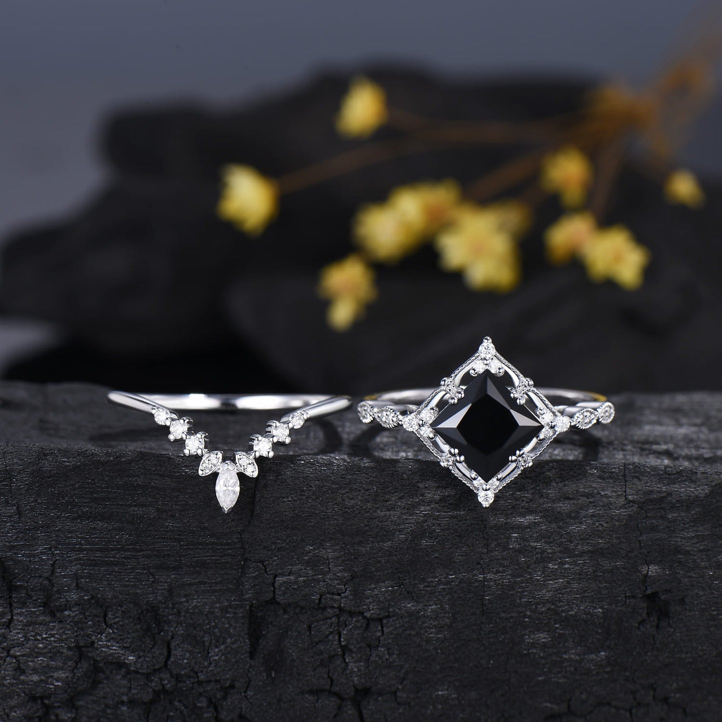 2CT Art deco princess cut black onyx engagement ring set