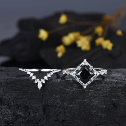 2CT Art deco princess cut black onyx engagement ring set