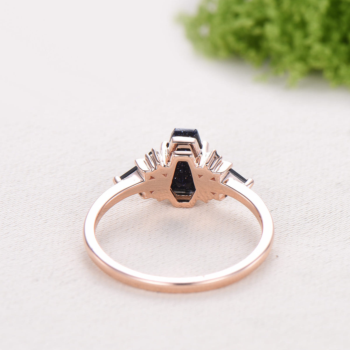 Coffin Blue Sandstone Ring, Kite Black Spinel, Rose Gold Wedding Band