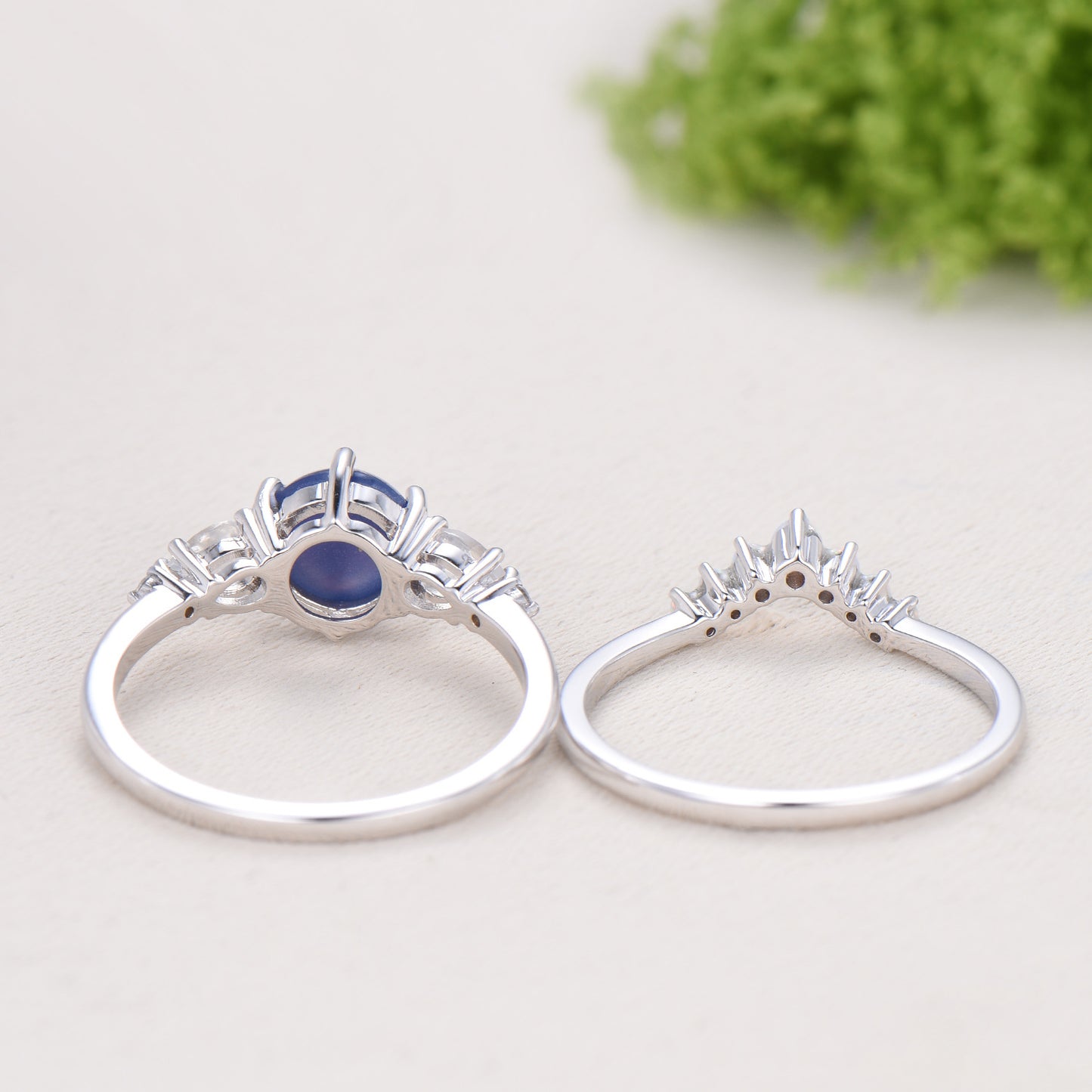 Vintage Star Sapphire Engagement Ring Set, Pear Moonstone & Opal