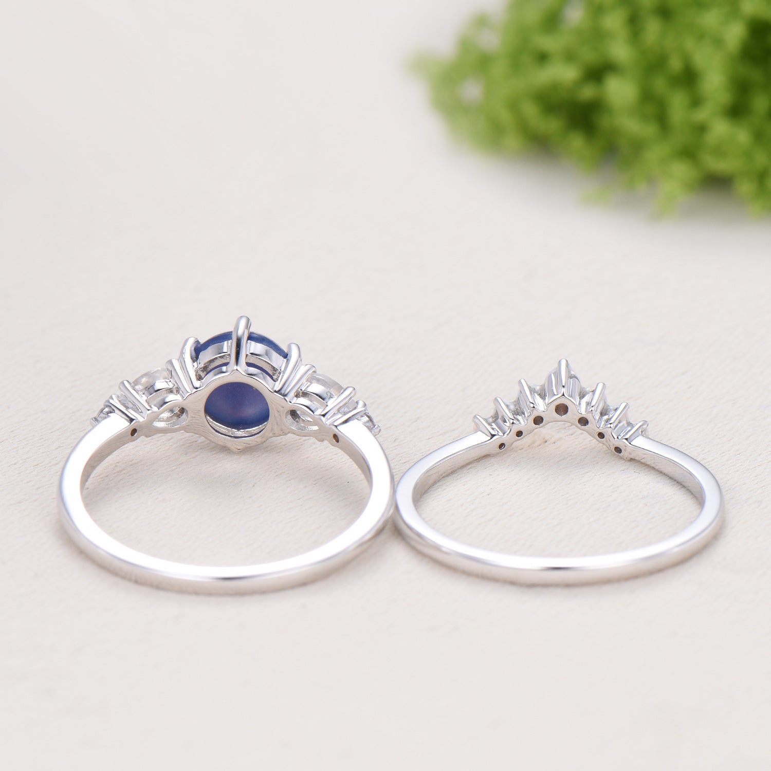 Vintage Star Sapphire Engagement Ring Set, Pear Moonstone & Opal