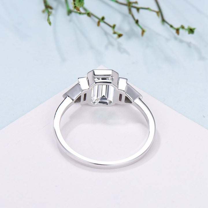 Bezel Set Emerald Cut Moissanite Engagement Ring 14K White Gold Five Stone Baguette Opal &Trillian Alexandrite Wedding Band Anniversary Ring - PENFINE