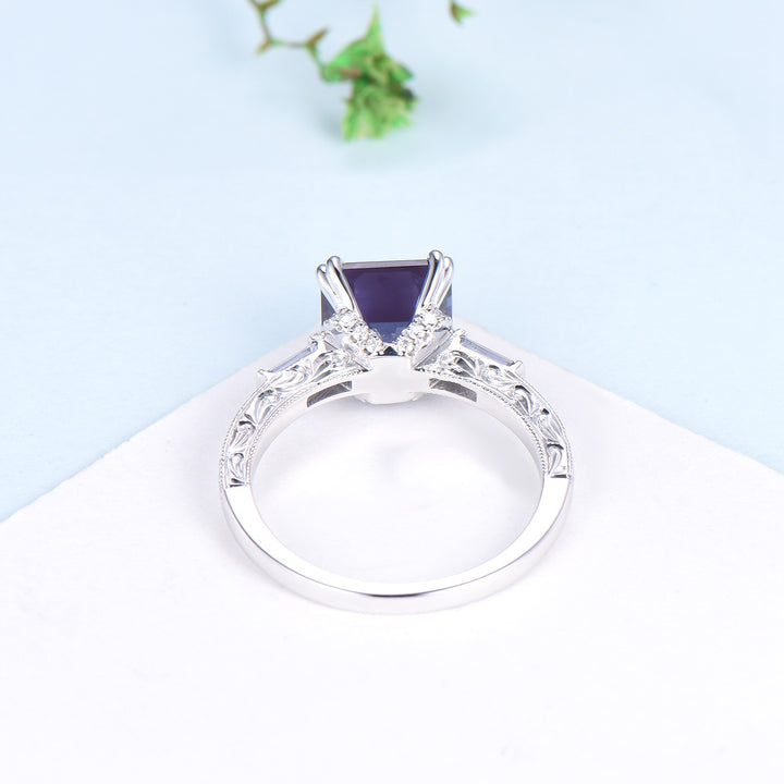 Unique asscher cut alexandrite engagement ring, hidden halo basket setting, 3 stone baguette color change June birthstone anniversary ring - PENFINE