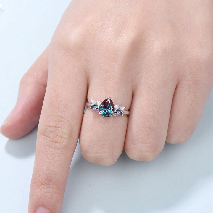 Vintage Alexandrite Opal Engagement Ring Pear Shaped Wedding Ring Women Art Deco Cluster Moissanite Anniversary Gift Bridal Promise Ring - PENFINE